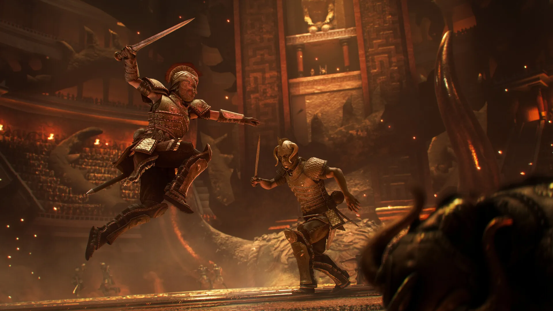 Sophia battles in a Minoan arena in an official screenshot