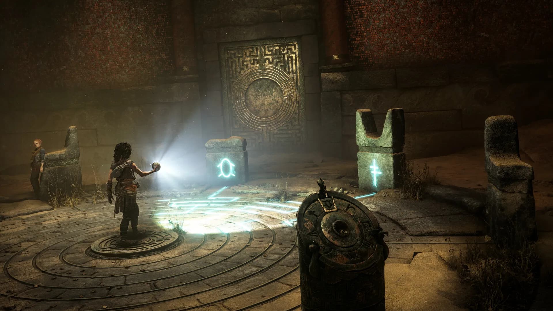 Sophia uses the sphere inside a Minoan puzzle chamber